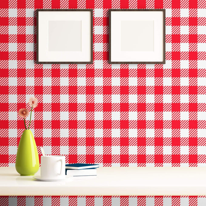 Red and White Plaid Peel and Stick Removable Wallpaper 6879