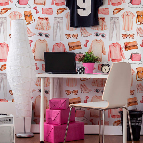 White and Pink Vintage Teens Peel and Stick Removable Wallpaper 5930