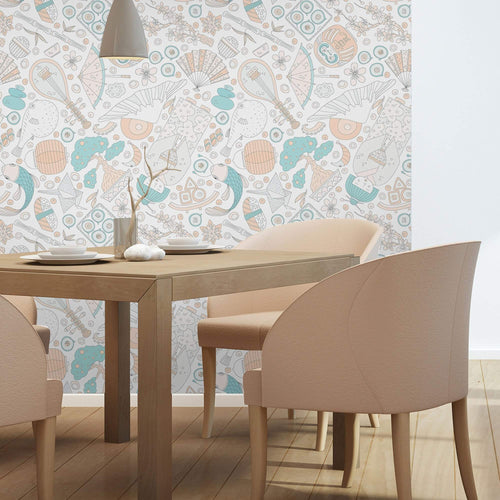 White Asian Themed Peel and Stick Removable Wallpaper 5651