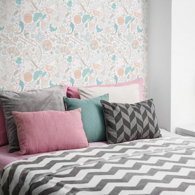 White Asian Themed Peel and Stick Removable Wallpaper 5651