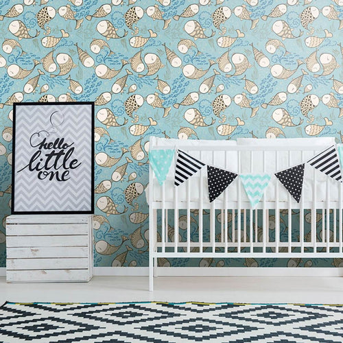 Beige and Blue Animals Baby Peel and Stick Removable Wallpaper