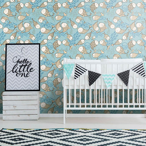 Beige and Blue Animals Baby Peel and Stick Removable Wallpaper