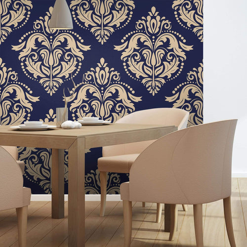 Beige and Blue Damask Basic Peel and Stick Removable Wallpaper
