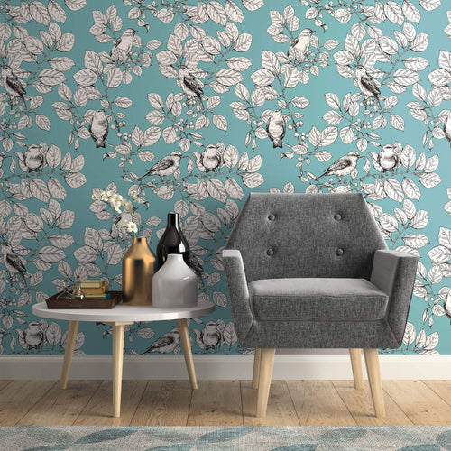 Blue Floral Animal Peel and Stick Removable Wallpaper