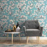 Blue Floral Animal Peel and Stick Removable Wallpaper