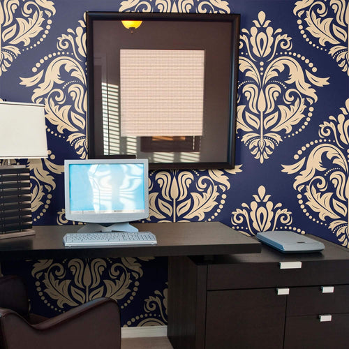 Beige and Blue Damask Basic Peel and Stick Removable Wallpaper