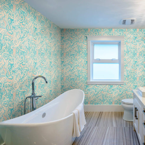 Beige and Blue Fish Nautical Peel and Stick Removable Wallpaper