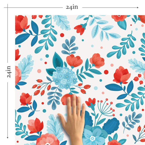 Blue and Orange Floral Peel and Stick Removable Wallpaper