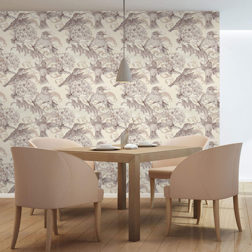 Beige Floral Animal Peel and Stick Removable Wallpaper