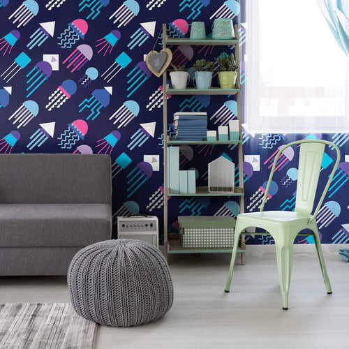 Blue and Purple Fish Nautical Peel and Stick Removable Wallpaper
