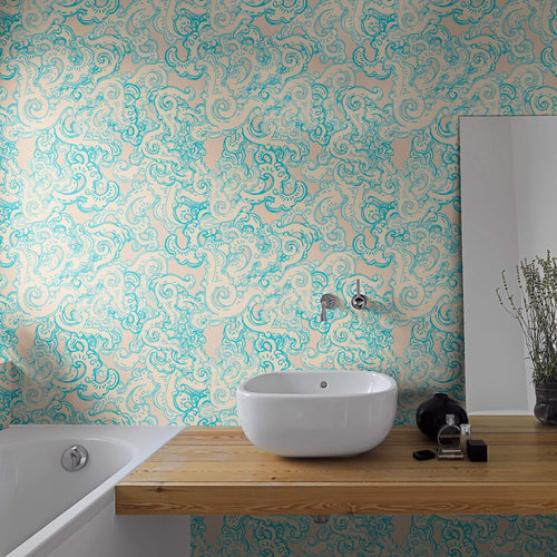 Beige and Blue Fish Nautical Peel and Stick Removable Wallpaper