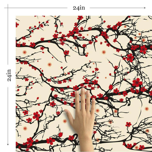 Black and Red Japanese Floral Peel and Stick Removable Wallpaper