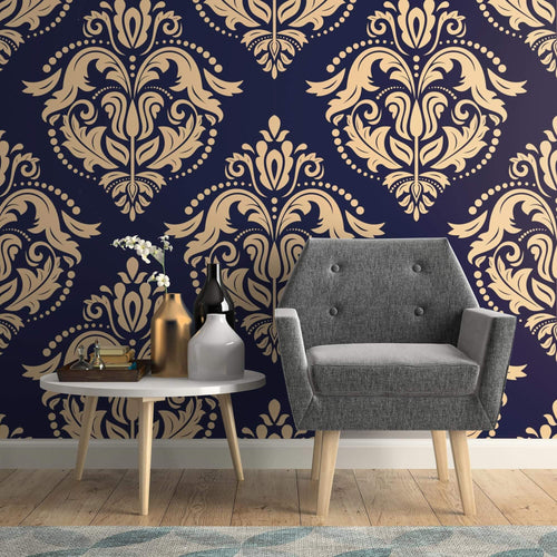 Beige and Blue Damask Basic Peel and Stick Removable Wallpaper