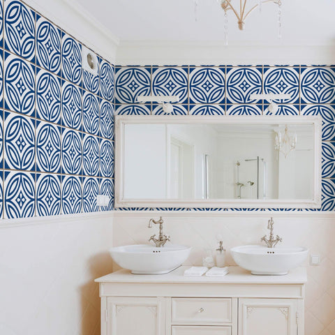 Blue and White Tile Tile Adhesive Peel and Stick Removable Wallpaper