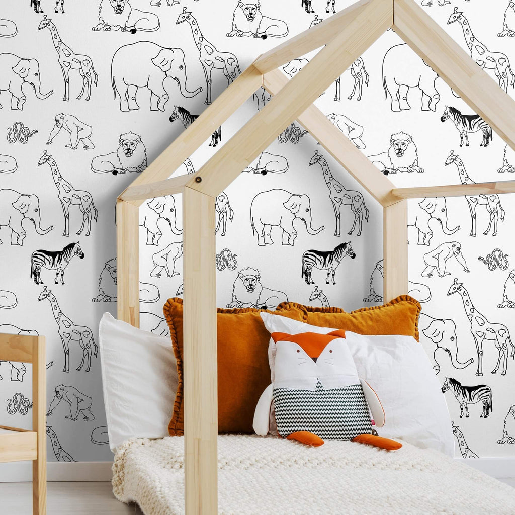 Black and White Animals Children Peel and Stick Removable Wallpaper 1587 - 24in x 48in (61x122cm)