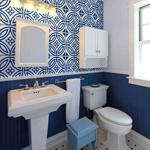 Blue and White Tile Tile Adhesive Peel and Stick Removable Wallpaper