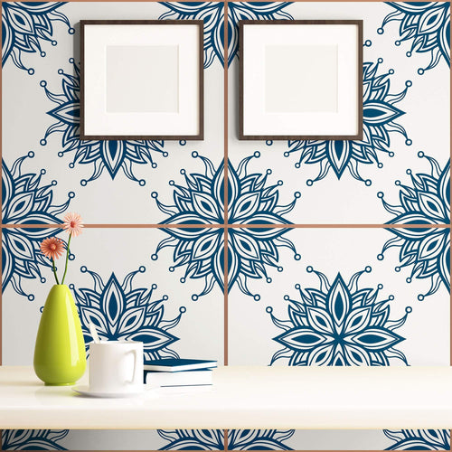 Blue Floral Tile Adhesive Peel and Stick Removable Wallpaper
