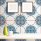 Blue Floral Tile Adhesive Peel and Stick Removable Wallpaper