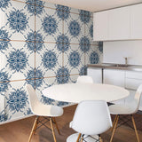 Blue Floral Tile Adhesive Peel and Stick Removable Wallpaper