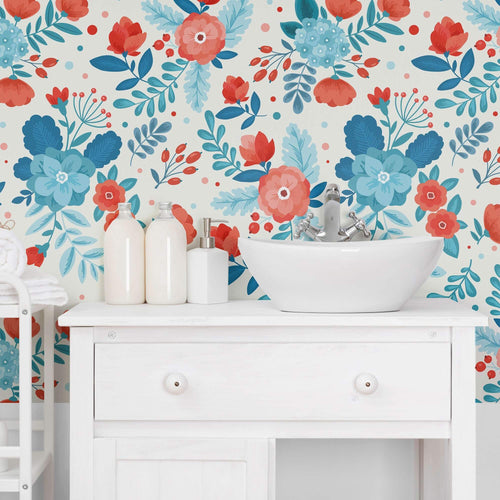 Blue and Orange Floral Peel and Stick Removable Wallpaper