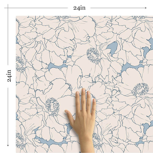 Beige and Blue Motif Floral Peel and Stick Removable Wallpaper