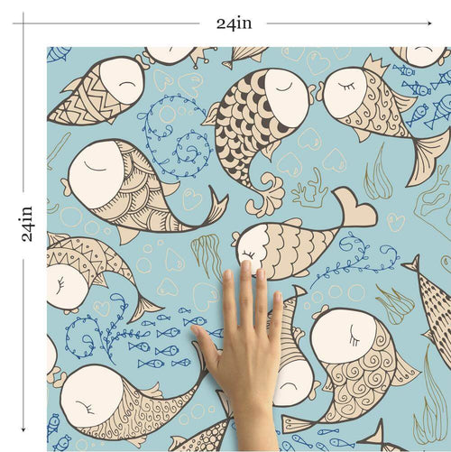 Beige and Blue Animals Baby Peel and Stick Removable Wallpaper