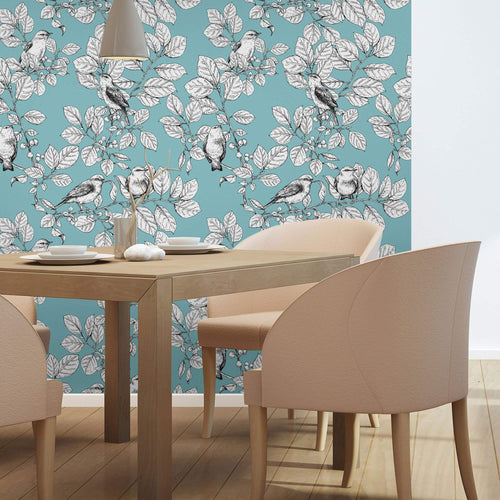 Blue Floral Animal Peel and Stick Removable Wallpaper