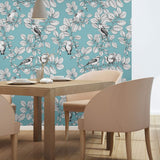 Blue Floral Animal Peel and Stick Removable Wallpaper