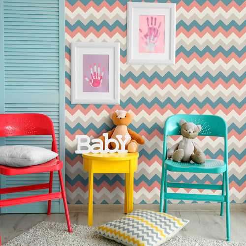 Beige and Blue Chevron Peel and Stick Removable Wallpaper