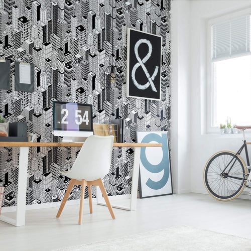 Black and White City Themed Peel and Stick Removable Wallpaper