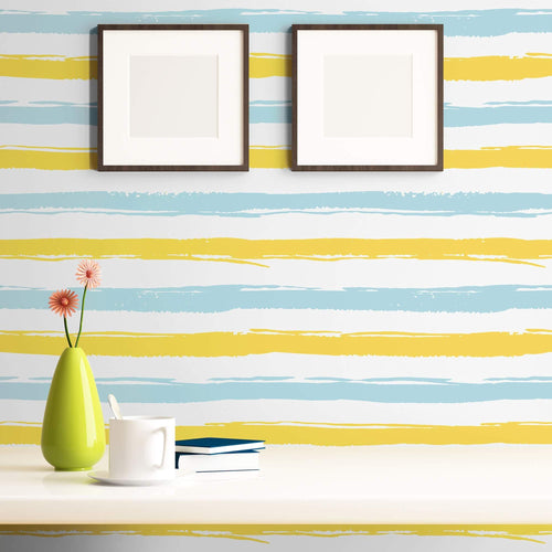 Blue and Yellow Striped Peel and Stick Removable Wallpaper