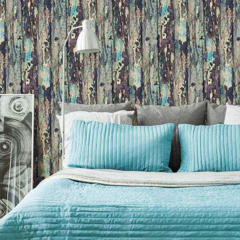 Aqua and Purple Rustic Wood Texture Peel and Stick Removable Wallpaper