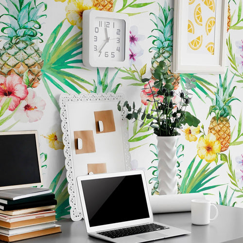 White Tropical Themed Peel and Stick Removable Wallpaper