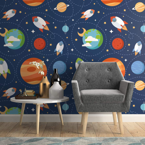 Blue and Brown Space Children Peel and Stick Removable Wallpaper