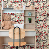 Black and Red Japanese Floral Peel and Stick Removable Wallpaper