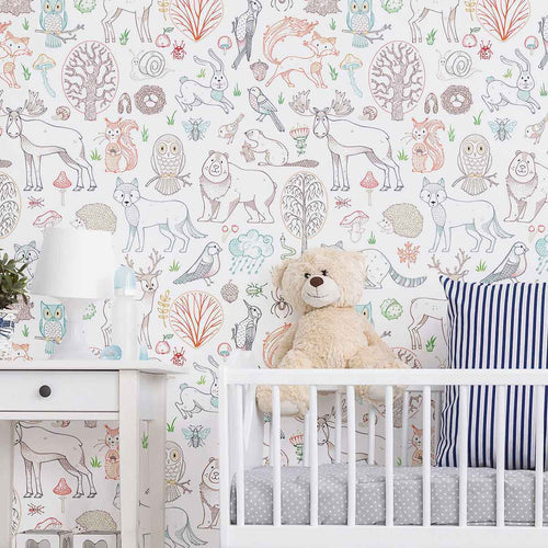 It’s the cutest welcome party ever, and it’s come straight from the jungle and into your baby’s room! This adorable peel and stick wallpaper features a myriad of animals and birds as line drawings on a white background. Assorted botanical elements appear in between, enriching the composition and turning it into a work of art.