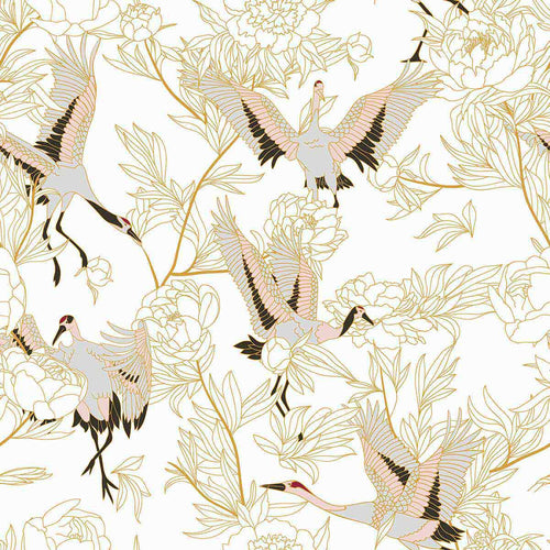 Lift your spirits with this breezy beige peel and stick wallpaper that features lovely Japanese cranes enveloped in floral illustrations. The graceful birds are portrayed in various stages of flight, while the line drawings of flowers and foliage give them a simple yet stylish background. This whimsical PVC-free wallpaper is perfect for practically any setting.