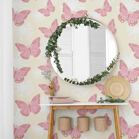 What’s not to love about pretty pink butterflies on a light yellow background? This PVC-free peel and stick wallpaper is relaxed yet fun, unique yet versatile, and both kids and adults will love it! The butterfly illustrations appearing in it are large and intricate, and gentle white sketches of flowers in the background make the composition even richer.