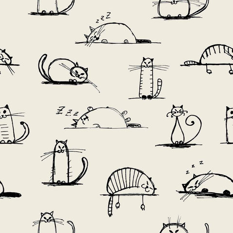 Do you know just how quickly a sleepy cat can liven up your decor? Find out by bringing home this cute cat themed peel and stick wallpaper featuring felines in various states of relaxation. The black cat drawings have a fun, informal graphic style and create a welcoming composition on a taupe background. We bet these kittens will inspire you to take it easy and look like a million bucks while you’re at it!