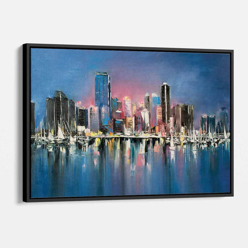 Blue Coastal City at Night Wall Art Canvas 2566