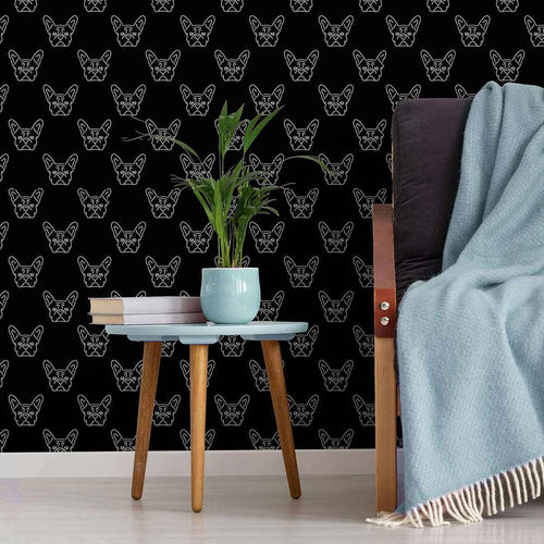Whether you’re lucky enough to own an English bulldog, or just love swooning over their pictures and videos, this adorable black dog wallpaper will make your day! Feast your eyes on cute dog faces outlined in white on a plain black background. This durable and versatile peel and stick wallpaper allows you to effortlessly flaunt a fun animal theme even in formal settings.
