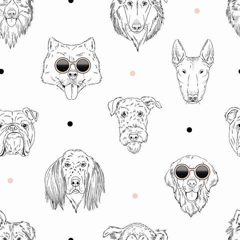 Beware, these doggos are as cool as they are cute! Bring home this fun dog themed wallpaper that features expressive and adorable canine faces, some of them wearing shades. They appear as simple but attractive line drawings, arranged in staggered rows with polka dots between them. This PVC-free peel and stick wallpaper strikes a charming balance between versatile and whimsical.