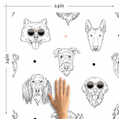 Beware, these doggos are as cool as they are cute! Bring home this fun dog themed wallpaper that features expressive and adorable canine faces, some of them wearing shades. They appear as simple but attractive line drawings, arranged in staggered rows with polka dots between them. This PVC-free peel and stick wallpaper strikes a charming balance between versatile and whimsical.