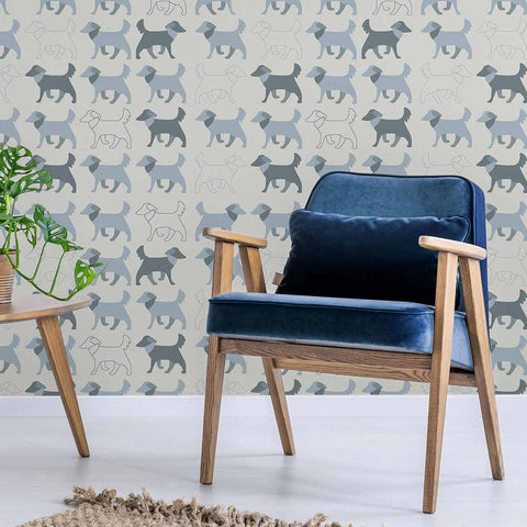 Playful dog wallpaper in tranquil blue tones – this design takes your pet themed decor to a new level of versatility. Simple dog illustrations appear in neat rows in this peel and stick wallpaper. Clever changes in direction and varying shades of blue give it a dynamic, layered look that hits all the right notes. You can count on this PVC-free wallpaper to work wonders not only in informal areas but also in formal living rooms and offices.
