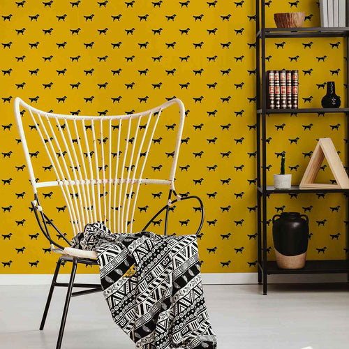 Did someone say animal magnetism? This fun, quirky peel and stick wallpaper is sunny sophistication and canine cuteness packed into one neat design! Featured on its intense yellow background are little black dog silhouettes arranged in diagonal lines. This bright and bold PVC-free wallpaper is perfect for any room that needs warming up.