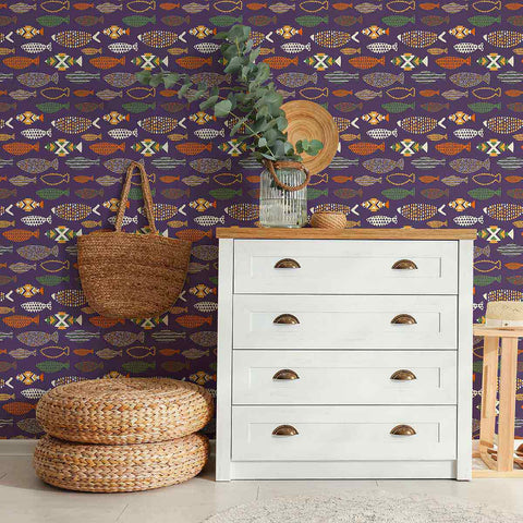Turn your living space royal, playful and welcoming all at once with this charming peel and stick fish wallpaper. Its luxurious purple background showcases quirky fish illustrations composed of geometric elements and vibrant colors. A perfect partner for Boho-chic spaces, this rich PVC-free design is the dose of character that your rented home needs!