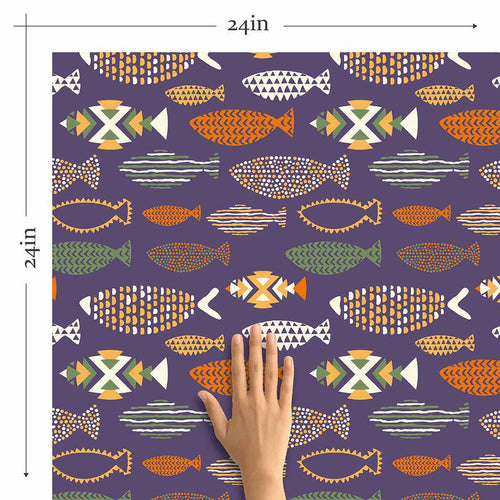 Turn your living space royal, playful and welcoming all at once with this charming peel and stick fish wallpaper. Its luxurious purple background showcases quirky fish illustrations composed of geometric elements and vibrant colors. A perfect partner for Boho-chic spaces, this rich PVC-free design is the dose of character that your rented home needs!