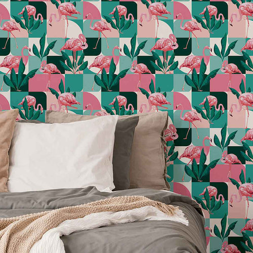 Give your home a technicolor upgrade with this stunning flamingo peel and stick wallpaper. Pink flamingos and vibrant foliage, on a checkered pink and blue-green background, make this design a heady blend of geometric, botanical and animal themed goodness! A fun way to elevate any space from dull to dramatic, this PVC-free wallpaper is easy to install and maintain.