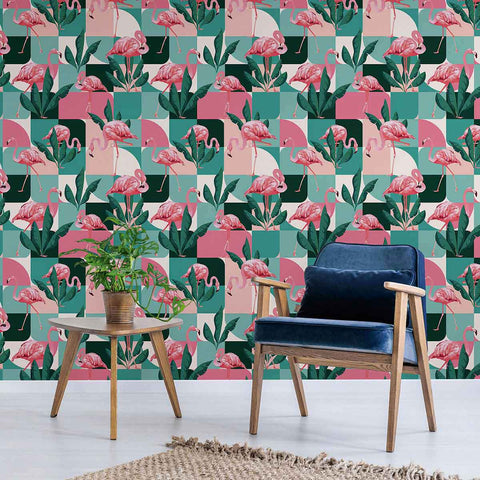 Give your home a technicolor upgrade with this stunning flamingo peel and stick wallpaper. Pink flamingos and vibrant foliage, on a checkered pink and blue-green background, make this design a heady blend of geometric, botanical and animal themed goodness! A fun way to elevate any space from dull to dramatic, this PVC-free wallpaper is easy to install and maintain.