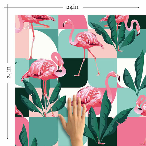 Give your home a technicolor upgrade with this stunning flamingo peel and stick wallpaper. Pink flamingos and vibrant foliage, on a checkered pink and blue-green background, make this design a heady blend of geometric, botanical and animal themed goodness! A fun way to elevate any space from dull to dramatic, this PVC-free wallpaper is easy to install and maintain.